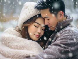 Loving asian couple is enjoying a romantic winter day AI Generative photo