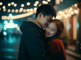 Loving asian couple is enjoying a romantic winter day AI Generative photo