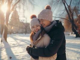 Loving asian couple is enjoying a romantic winter day AI Generative photo