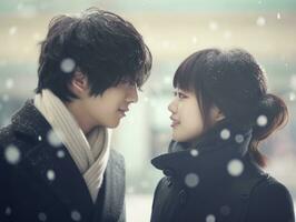 Loving asian couple is enjoying a romantic winter day AI Generative photo