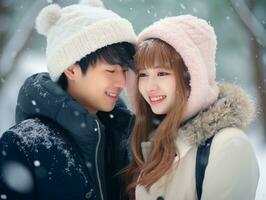 Loving asian couple is enjoying a romantic winter day AI Generative photo