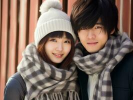 Loving asian couple is enjoying a romantic winter day AI Generative photo