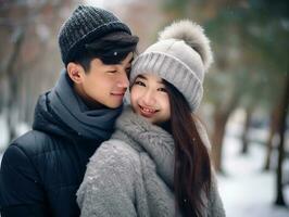 Loving asian couple is enjoying a romantic winter day AI Generative photo