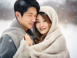 Loving asian couple is enjoying a romantic winter day AI Generative photo