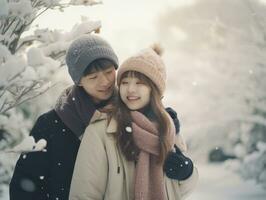 Loving asian couple is enjoying a romantic winter day AI Generative photo