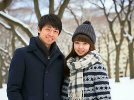 Loving asian couple is enjoying a romantic winter day AI Generative photo