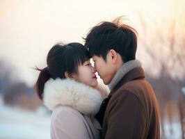 Loving asian couple is enjoying a romantic winter day AI Generative photo