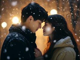 Loving asian couple is enjoying a romantic winter day AI Generative photo