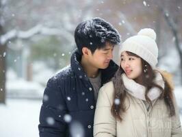 Loving asian couple is enjoying a romantic winter day AI Generative photo