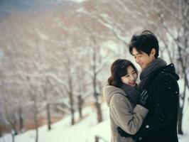 Loving asian couple is enjoying a romantic winter day AI Generative photo