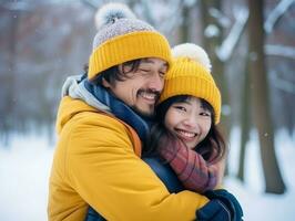 Loving asian couple is enjoying a romantic winter day AI Generative photo