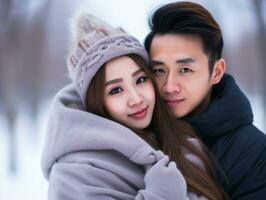 Loving asian couple is enjoying a romantic winter day AI Generative photo