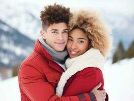 Loving interracial couple is enjoying a romantic winter day AI Generative photo