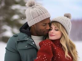 Loving interracial couple is enjoying a romantic winter day AI Generative photo