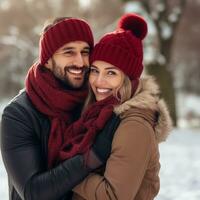 Loving interracial couple is enjoying a romantic winter day AI Generative photo