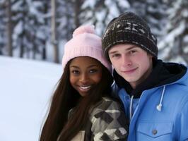 amoroso interracial Pareja es disfrutando un romántico invierno día ai generativo foto