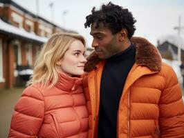 Loving interracial couple is enjoying a romantic winter day AI Generative photo