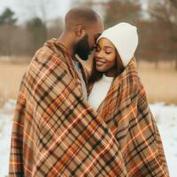 Loving interracial couple is enjoying a romantic winter day AI Generative photo