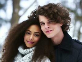 Loving interracial couple is enjoying a romantic winter day AI Generative photo