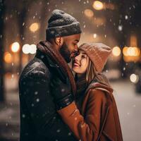 Loving interracial couple is enjoying a romantic winter day AI Generative photo