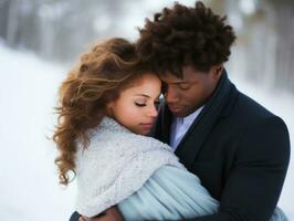 Loving interracial couple is enjoying a romantic winter day AI Generative photo