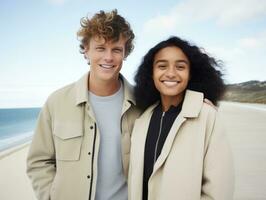 Loving interracial couple is enjoying a romantic winter day AI Generative photo