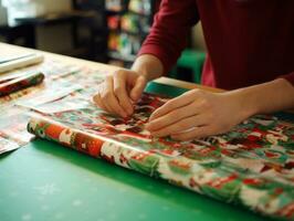 Man wrapping presents with holiday themed wrapping paper AI Generative photo