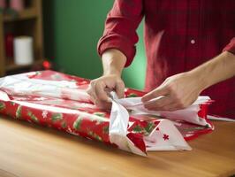 Man wrapping presents with holiday themed wrapping paper AI Generative photo