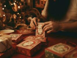 Man wrapping presents with holiday themed wrapping paper AI Generative photo