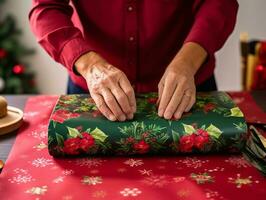 Man wrapping presents with holiday themed wrapping paper AI Generative photo