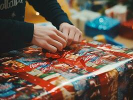 Man wrapping presents with holiday themed wrapping paper AI Generative photo