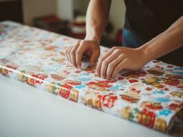 Man wrapping presents with holiday themed wrapping paper AI Generative photo