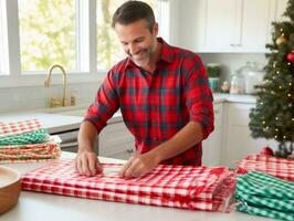 Man wrapping presents with holiday themed wrapping paper AI Generative photo