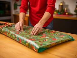 Man wrapping presents with holiday themed wrapping paper AI Generative photo