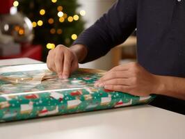 Man wrapping presents with holiday themed wrapping paper AI Generative photo