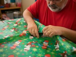 Man wrapping presents with holiday themed wrapping paper AI Generative photo