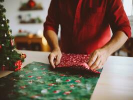 Man wrapping presents with holiday themed wrapping paper AI Generative photo