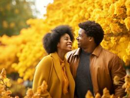 amoroso africano americano Pareja es disfrutando un romántico otoño día ai generativo foto