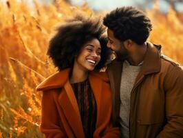 Loving african american couple is enjoying a romantic autumn day AI Generative photo