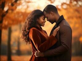 amoroso africano americano Pareja es disfrutando un romántico otoño día ai generativo foto