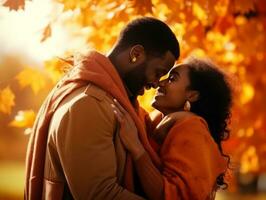 Loving african american couple is enjoying a romantic autumn day AI Generative photo