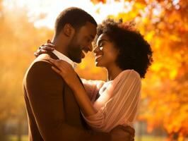 Loving african american couple is enjoying a romantic autumn day AI Generative photo