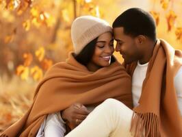 Loving african american couple is enjoying a romantic autumn day AI Generative photo