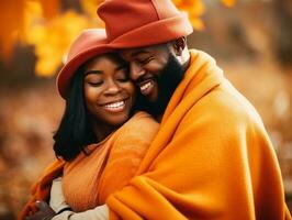 amoroso africano americano Pareja es disfrutando un romántico otoño día ai generativo foto