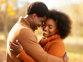 Loving african american couple is enjoying a romantic autumn day AI Generative photo