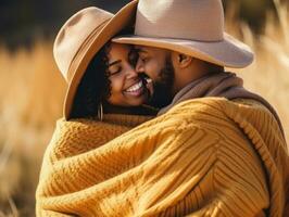 Loving african american couple is enjoying a romantic autumn day AI Generative photo