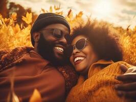 amoroso africano americano Pareja es disfrutando un romántico otoño día ai generativo foto