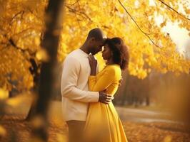 Loving african american couple is enjoying a romantic autumn day AI Generative photo