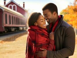 Loving african american couple is enjoying a romantic autumn day AI Generative photo