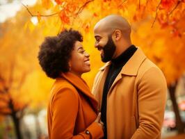 amoroso africano americano Pareja es disfrutando un romántico otoño día ai generativo foto